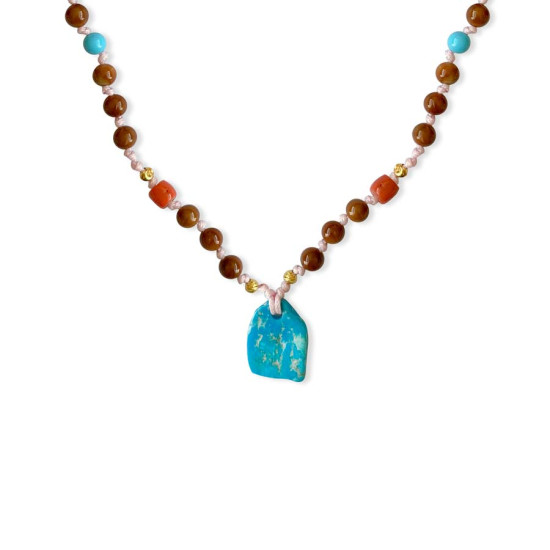 Pink String necklace with Turquoise , orange coral and coke wood Pink String necklace with Turquoise , orange coral and coke wood