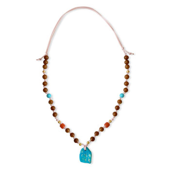 Pink String necklace with Turquoise , orange coral and coke wood