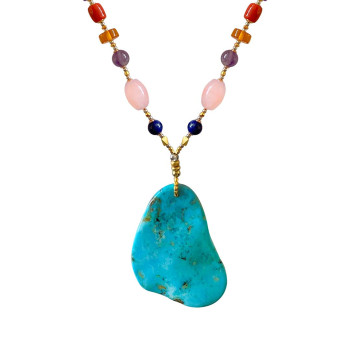GOLD PLATED TURQUOISE NECKLACE WITH KYANITE , PINK QUARTZ , AMBER , RED CORAL , AMETHYST , RED AGATE 