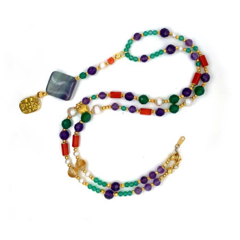 18k GOLD PLATED  AMETHYST NECKLACE WITH GREEN AGATE , RED CORAL , PEARLS , CITRINE 