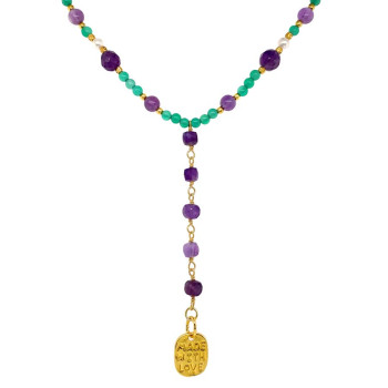 18k GOLD PLATED  AMETHYST NECKLACE WITH GREEN AGATE , RED CORAL , PEARLS , CITRINE 