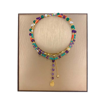 18k GOLD PLATED  AMETHYST NECKLACE WITH GREEN AGATE , RED CORAL , PEARLS , CITRINE 