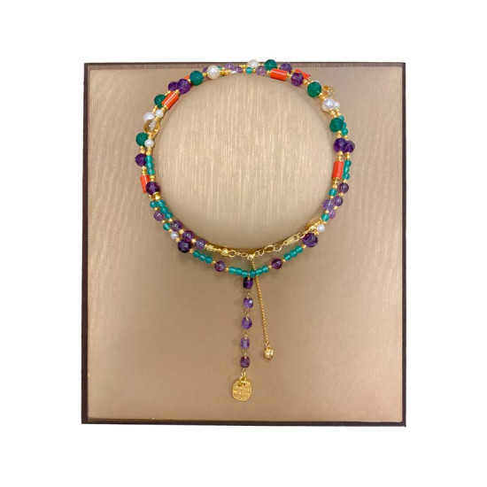 18k GOLD PLATED AMETHYST NECKLACE WITH GREEN AGATE , RED CORAL , PEARLS , CITRINE 18k GOLD PLATED AMETHYST NECKLACE WITH GREEN AGATE , RED CORAL , PEARLS , CITRINE
