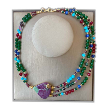 18k GOLD PLATED RUBI ZOISITE , TURQUOISE , GARNET , KYANITE , PINK RUBI , GREEN JAIDE AND RUBI AGATE 