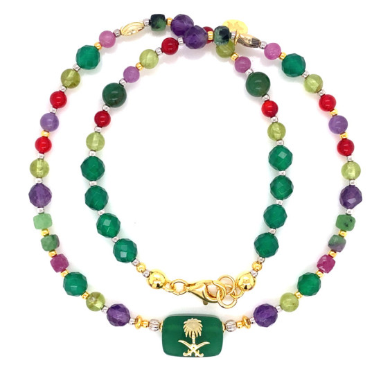 24K GOLD PLATED GREEN AGATE WITH AMETHUST , PERIDOT , RUBY ZOISITE, RUBY PINK AND GREEN JADE