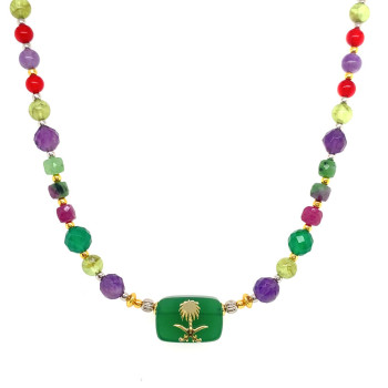 24K GOLD PLATED GREEN AGATE WITH AMETHUST , PERIDOT , RUBY ZOISITE, RUBY PINK AND GREEN JADE