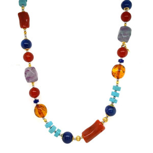 21k GOLD PLATED CORAL NECKLACE WITH RED AGATE , TURQUOISE , KYANITE AND TOURMALINE 