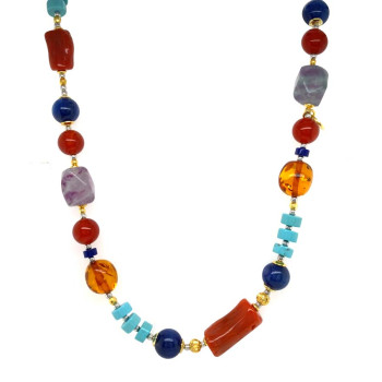 21k GOLD PLATED CORAL NECKLACE WITH RED AGATE , TURQUOISE , KYANITE AND TOURMALINE 