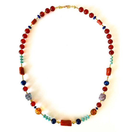21k GOLD PLATED CORAL NECKLACE WITH RED AGATE , TURQUOISE , KYANITE AND TOURMALINE 