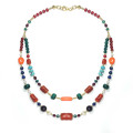 GOLD PLATED CORAL NECKLACE WITH TURQUOISE, RUBY MALACHITE, LAPIS, GREEN JADE AND RED AGATE