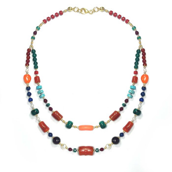 GOLD PLATED CORAL NECKLACE WITH TURQUOISE, RUBY MALACHITE, LAPIS, GREEN JADE AND RED AGATE