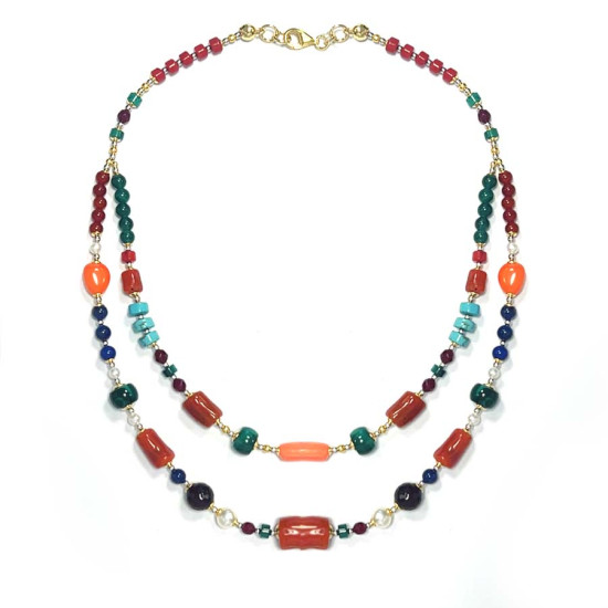 GOLD PLATED CORAL NECKLACE WITH TURQUOISE, RUBY MALACHITE, LAPIS, GREEN JADE AND RED AGATE