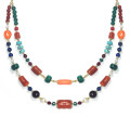 GOLD PLATED CORAL NECKLACE WITH TURQUOISE, RUBY MALACHITE, LAPIS, GREEN JADE AND RED AGATE