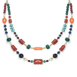 GOLD PLATED CORAL NECKLACE WITH TURQUOISE, RUBY MALACHITE, LAPIS, GREEN JADE AND RED AGATE