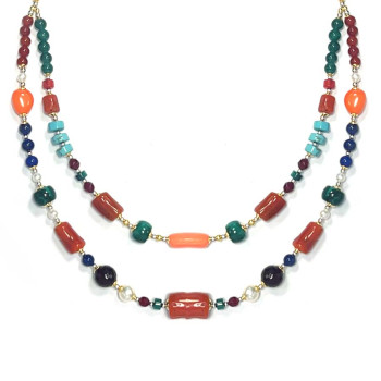 GOLD PLATED CORAL NECKLACE WITH TURQUOISE, RUBY MALACHITE, LAPIS, GREEN JADE AND RED AGATE