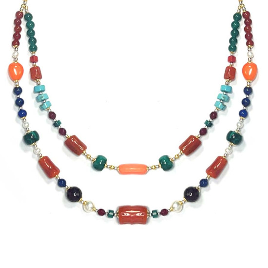 GOLD PLATED CORAL NECKLACE WITH TURQUOISE, RUBY MALACHITE, LAPIS, GREEN JADE AND RED AGATE