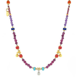 18K GOLD PLATED TURQUOISE NECKLACE WITH AMETHYS, RUBY, CORAL, LAPIS, ORANGE AGATE AND GARNET