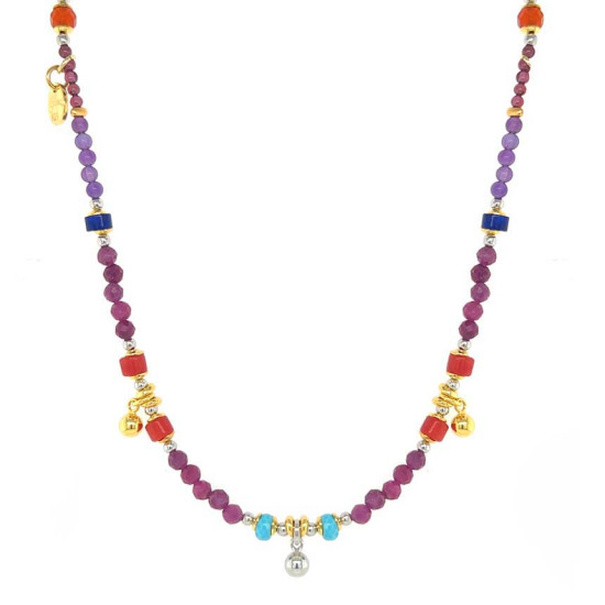 18K GOLD PLATED TURQUOISE NECKLACE WITH AMETHYS, RUBY, CORAL, LAPIS, ORANGE AGATE AND GARNET