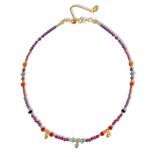 18K GOLD PLATED TURQUOISE NECKLACE WITH AMETHYS, RUBY, CORAL, LAPIS, ORANGE AGATE AND GARNET