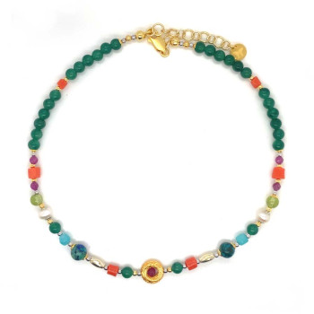 21 GOLD PLATED CORAL NECKLACE WITH RUBI , AMAZONITE , PEARLS , AZURITE , GREEN  CHLORITE AND PERIDOT 