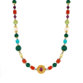 21 GOLD PLATED CORAL NECKLACE WITH RUBI , AMAZONITE , PEARLS , AZURITE , GREEN  CHLORITE AND PERIDOT 