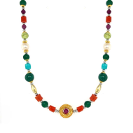21 GOLD PLATED CORAL NECKLACE WITH RUBI , AMAZONITE , PEARLS , AZURITE , GREEN  CHLORITE AND PERIDOT 