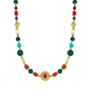 21 GOLD PLATED CORAL NECKLACE WITH RUBI , AMAZONITE , PEARLS , AZURITE , GREEN  CHLORITE AND PERIDOT 