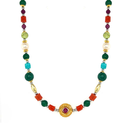 21 GOLD PLATED CORAL NECKLACE WITH RUBI , AMAZONITE , PEARLS , AZURITE , GREEN  CHLORITE AND PERIDOT 