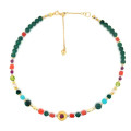 21 GOLD PLATED CORAL NECKLACE WITH RUBI , AMAZONITE , PEARLS , AZURITE , GREEN  CHLORITE AND PERIDOT 