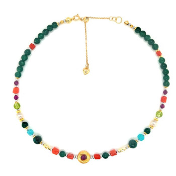 21 GOLD PLATED CORAL NECKLACE WITH RUBI , AMAZONITE , PEARLS , AZURITE , GREEN  CHLORITE AND PERIDOT 