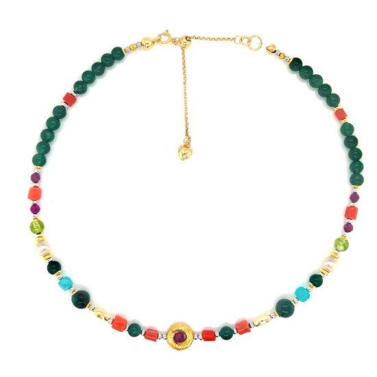 21 GOLD PLATED CORAL NECKLACE WITH RUBI , AMAZONITE , PEARLS , AZURITE , GREEN  CHLORITE AND PERIDOT 