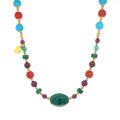 GOLD PLATED SILVER MALACHITE CHOKER NECKLACE WITH RUBY, GARNET, CORAL, TURQUOISE AND GREEN AGATE