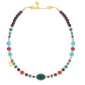 GOLD PLATED SILVER MALACHITE CHOKER NECKLACE WITH RUBY, GARNET, CORAL, TURQUOISE AND GREEN AGATE