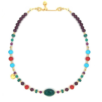 GOLD PLATED SILVER MALACHITE CHOKER NECKLACE WITH RUBY, GARNET, CORAL, TURQUOISE AND GREEN AGATE