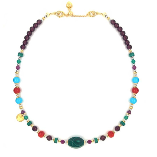 GOLD PLATED SILVER MALACHITE CHOKER NECKLACE WITH RUBY, GARNET, CORAL, TURQUOISE AND GREEN AGATE