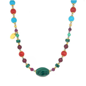 GOLD PLATED SILVER MALACHITE CHOKER NECKLACE WITH RUBY, GARNET, CORAL, TURQUOISE AND GREEN AGATE