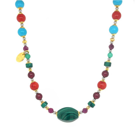 GOLD PLATED SILVER MALACHITE CHOKER NECKLACE WITH RUBY, GARNET, CORAL, TURQUOISE AND GREEN AGATE