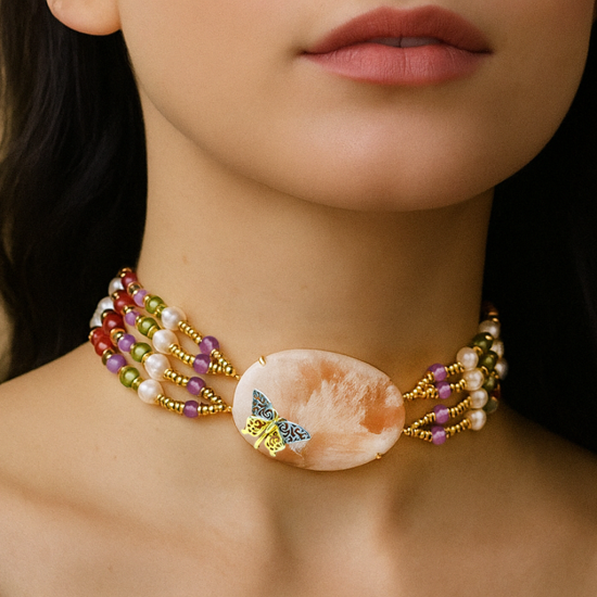 18K GOLD PLATED CHOKER NECKLACE WITH SELENITE, RUBY, GARNET, RED CORAL, PURPLE CORAL, LAPIS LAZULI AND ANGEL SKIN CORAL