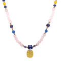 18K GOLD PLATED PINK QUARTZ NECKLACE WITH BLUE AGATE , AMETHYST , LAPIS , YELLOW AGATE , ( MADE WITH LOVE PENDANT )