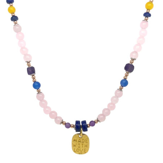 18K GOLD PLATED PINK QUARTZ NECKLACE WITH BLUE AGATE , AMETHYST , LAPIS , YELLOW AGATE , ( MADE WITH LOVE PENDANT )