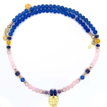 18K GOLD PLATED PINK QUARTZ NECKLACE WITH BLUE AGATE , AMETHYST , LAPIS , YELLOW AGATE , ( MADE WITH LOVE PENDANT )
