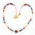 18K GOLD PLATED AMBER NECKLACE WITH TURQUOISE, CORAL, LAPIS LAZULI, RED AGATE AND PINK QUARTZ 18K GOLD PLATED AMBER NECKLACE WITH TURQUOISE, CORAL, LAPIS LAZULI, RED AGATE AND PINK QUARTZ