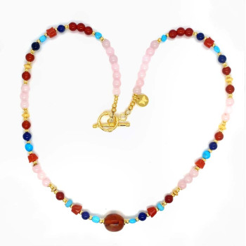 18K GOLD PLATED AMBER NECKLACE WITH TURQUOISE, CORAL, LAPIS LAZULI, RED AGATE AND PINK QUARTZ 