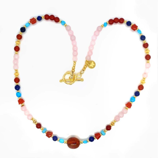 18K GOLD PLATED AMBER NECKLACE WITH TURQUOISE, CORAL, LAPIS LAZULI, RED AGATE AND PINK QUARTZ 18K GOLD PLATED AMBER NECKLACE WITH TURQUOISE, CORAL, LAPIS LAZULI, RED AGATE AND PINK QUARTZ