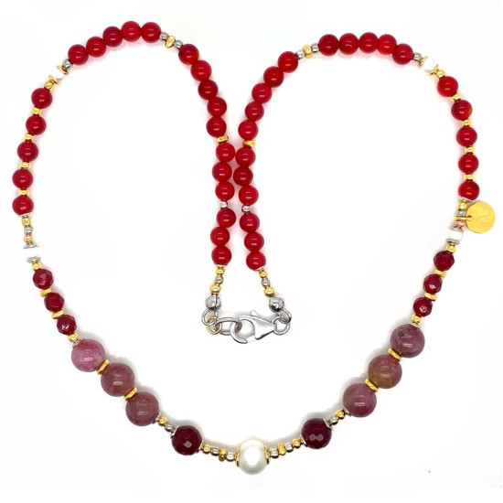 PEARL NECKLACE WITH RUBY AND COLORED TOURMALINE