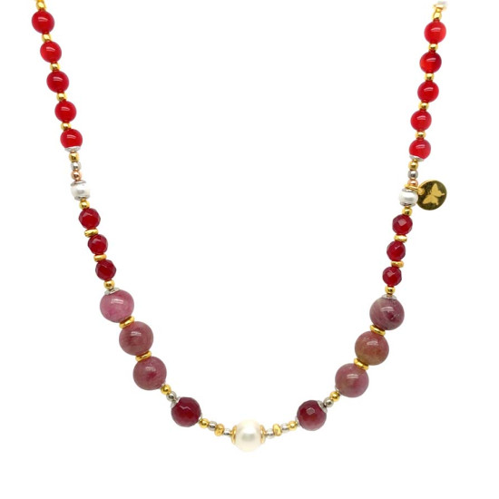 PEARL NECKLACE WITH RUBY AND COLORED TOURMALINE
