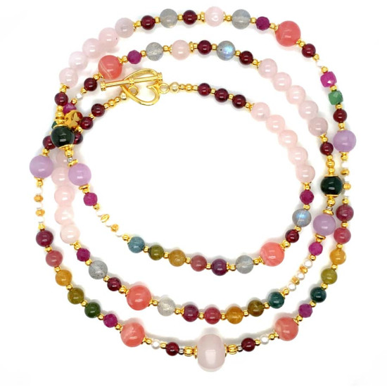 WHITE QUARTZ NECKLACE WITH GARNET, PEARL, RHODOCROSITE, COLORED TOURMALINE, PURPLE KYANITE, AND WHITE QUARTZ