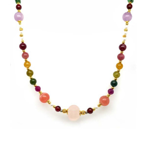 WHITE QUARTZ NECKLACE WITH GARNET, PEARL, RHODOCROSITE, COLORED TOURMALINE, PURPLE KYANITE, AND WHITE QUARTZ