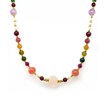 WHITE QUARTZ NECKLACE WITH GARNET, PEARL, RHODOCROSITE, COLORED TOURMALINE, PURPLE KYANITE, AND WHITE QUARTZ