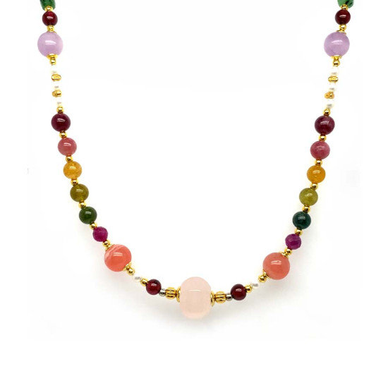WHITE QUARTZ NECKLACE WITH GARNET, PEARL, RHODOCROSITE, COLORED TOURMALINE, PURPLE KYANITE, AND WHITE QUARTZ